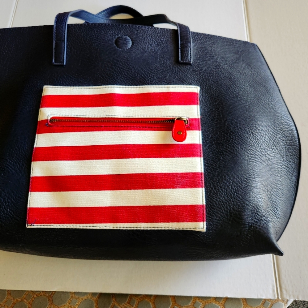 Large blue faux leather and flag vinyl weekend bag and everyday purse.
